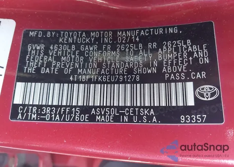 2014 Toyota Camry Se z USA, uszkodzony, nr VIN 4T1BF1FK6EU791278